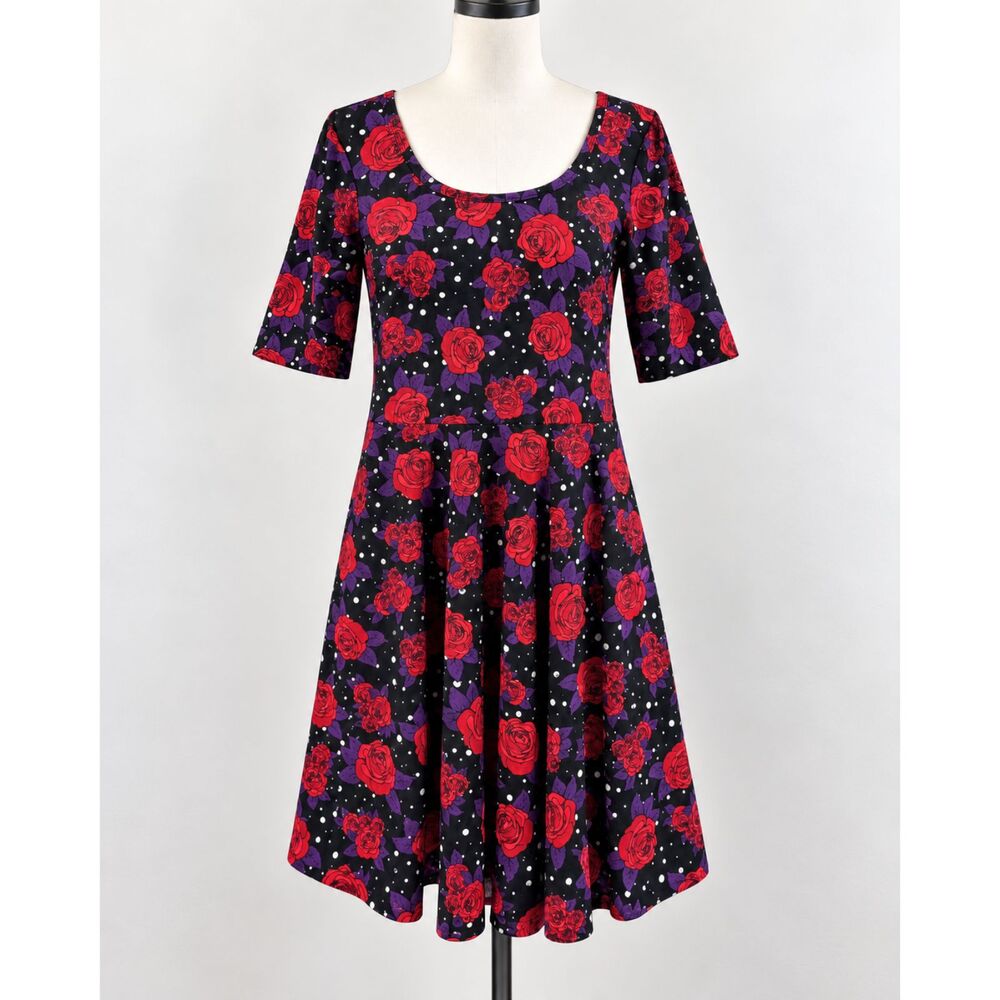 LuLaRoe Women’s 2XL Rose Floral Polka Dot Fit & Flare Dress Black Purple Red